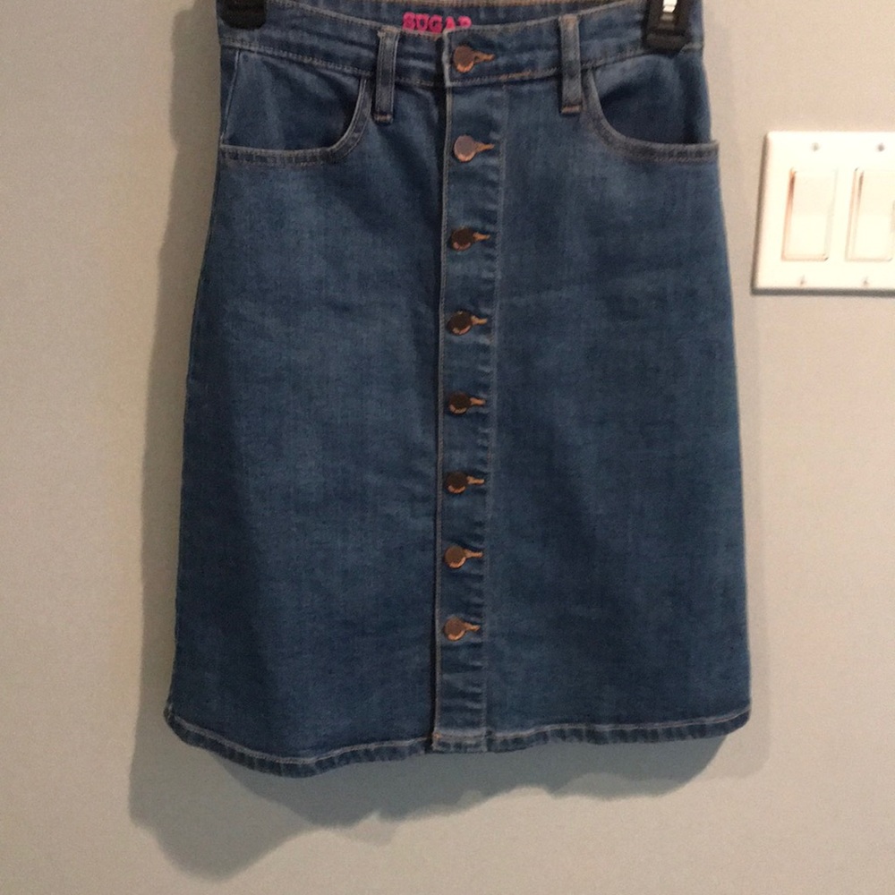 Denim button down knee length skirt